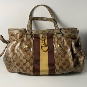 GUCCI Monogram Medium Brown Crystal Coated Canvas Shoulder Bag Tote Web Stripe